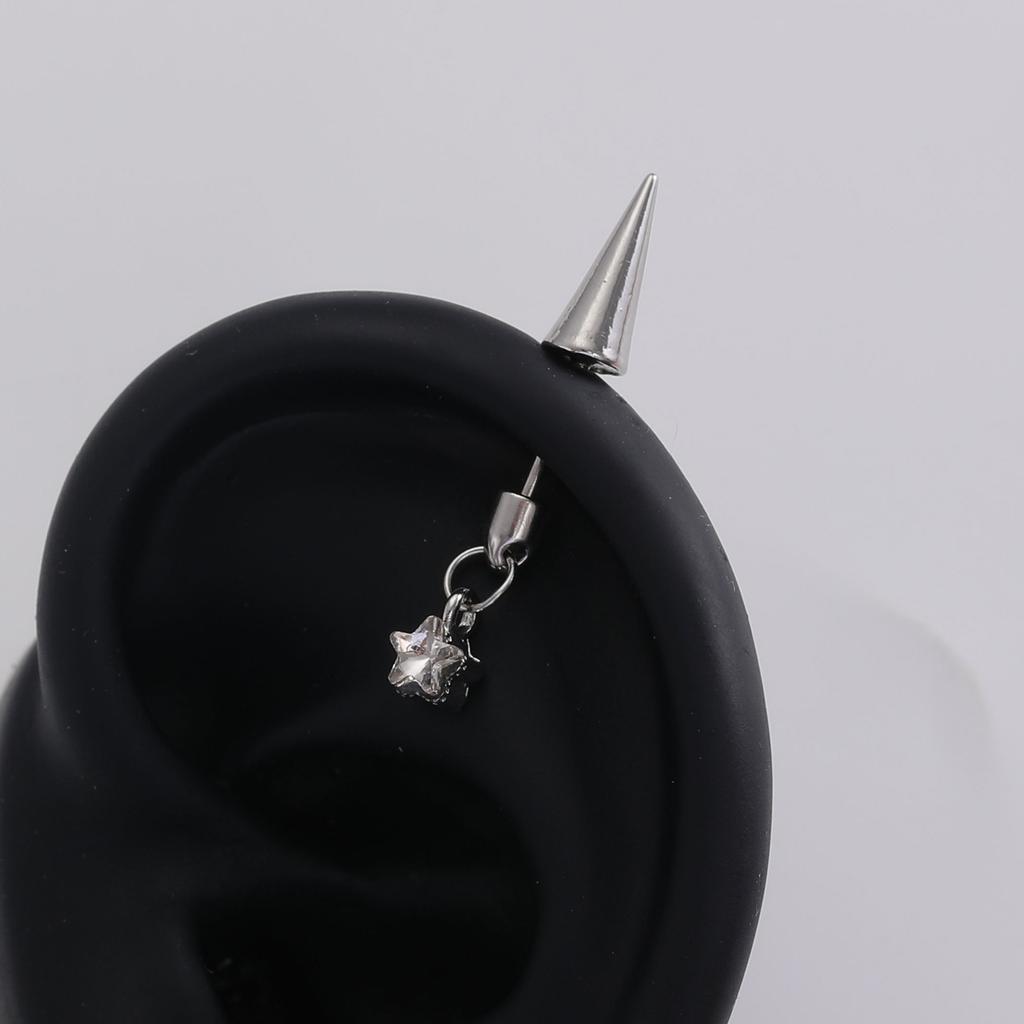 Spike Cone Barbell Piercing Ear Stud with Sparkling Stone Cross Pendant Gothic Cool Unisex Cartilage Ear Jewelry for Daily Street Style Matching