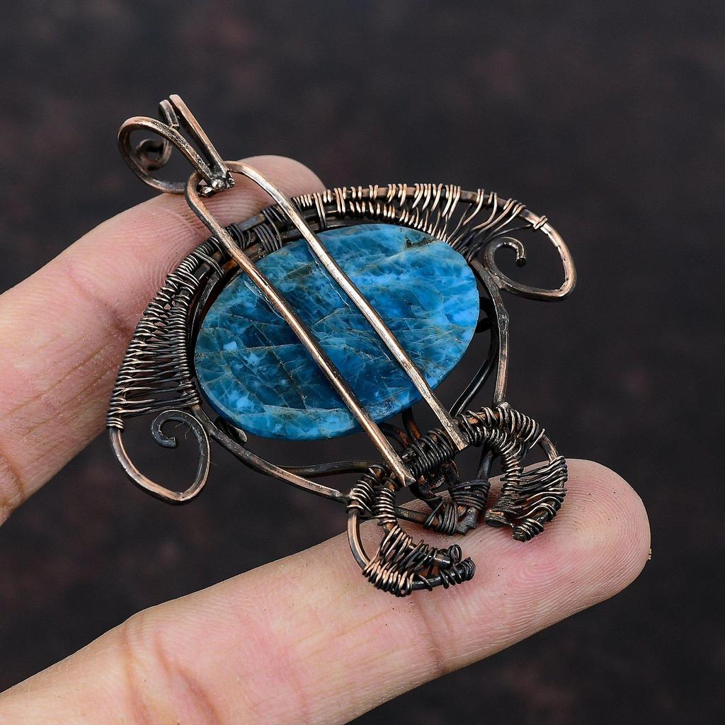 Neon Apatite Pendant Copper Wire Wrapped Pendant Natural Gemstone Pendant Copper Jewelry Handmade Tortoise Pendant Wire Jewelry Wedding Gift