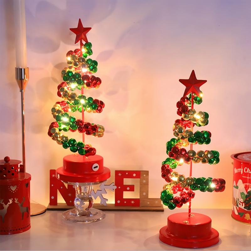 Christmas Tree LED Light Rechargeable 28.5cm Jingle Bells Iron Spiral Tabletop Decor Xmas Desktop Ornament Home Holiday Gift