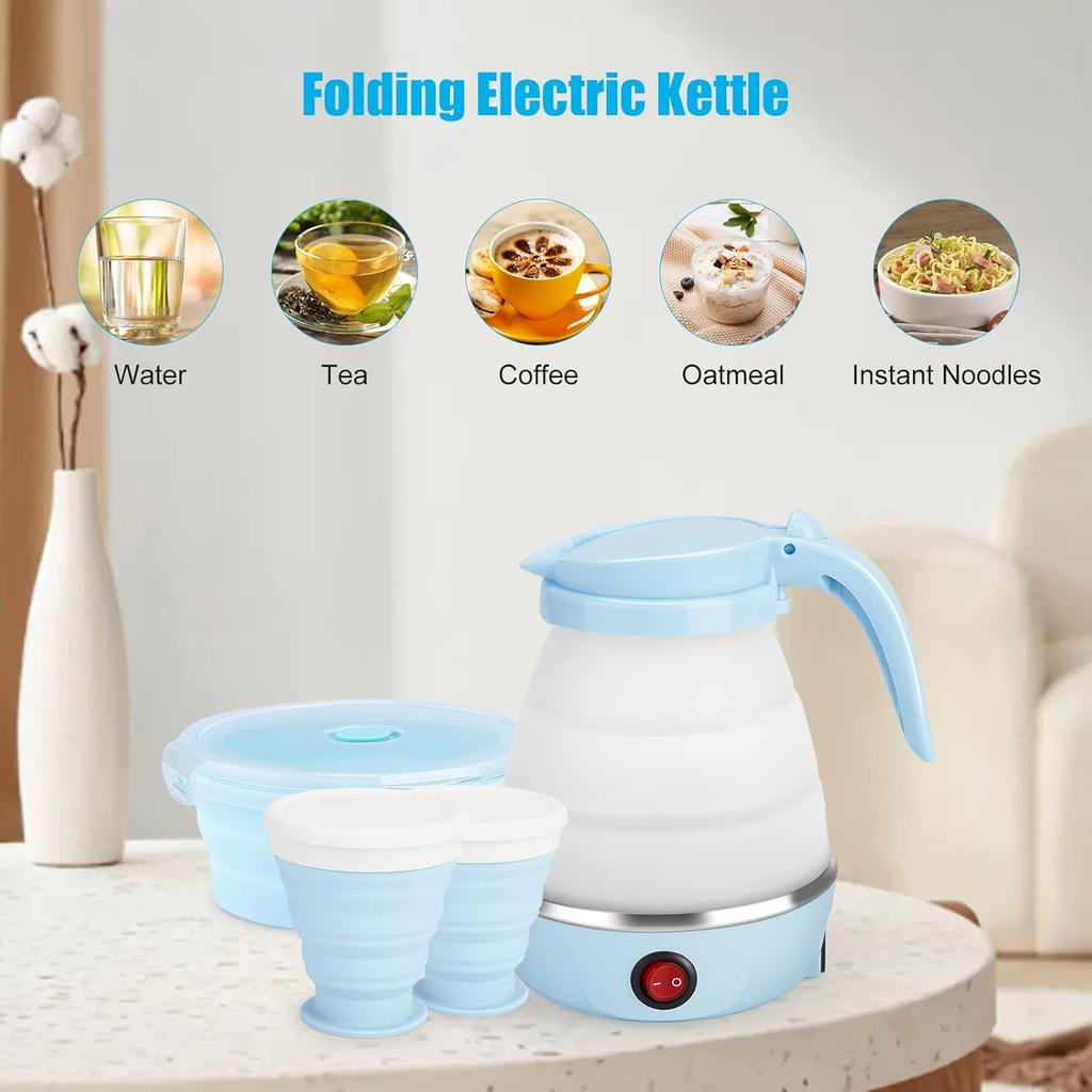 Foldable Electric Kettle 600ML, Portable Travel Kettle for Tea Coffee, Includes Bowl & Cups, Food Grade Silicone, 110V