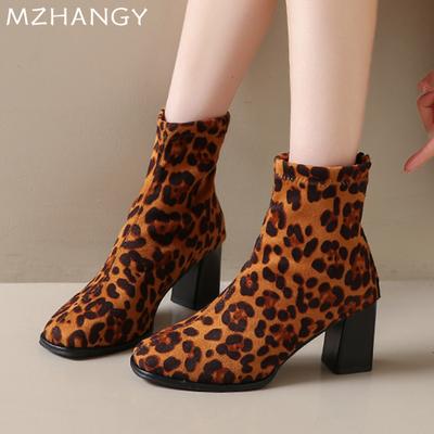 Mode Leopard Wildleder Schnee Stiefeletten Damen High Heels Schuhe Elegant Klobige Stiefel 2025 Trend Chelsea Boots Pumps New Goth Mujer Botas