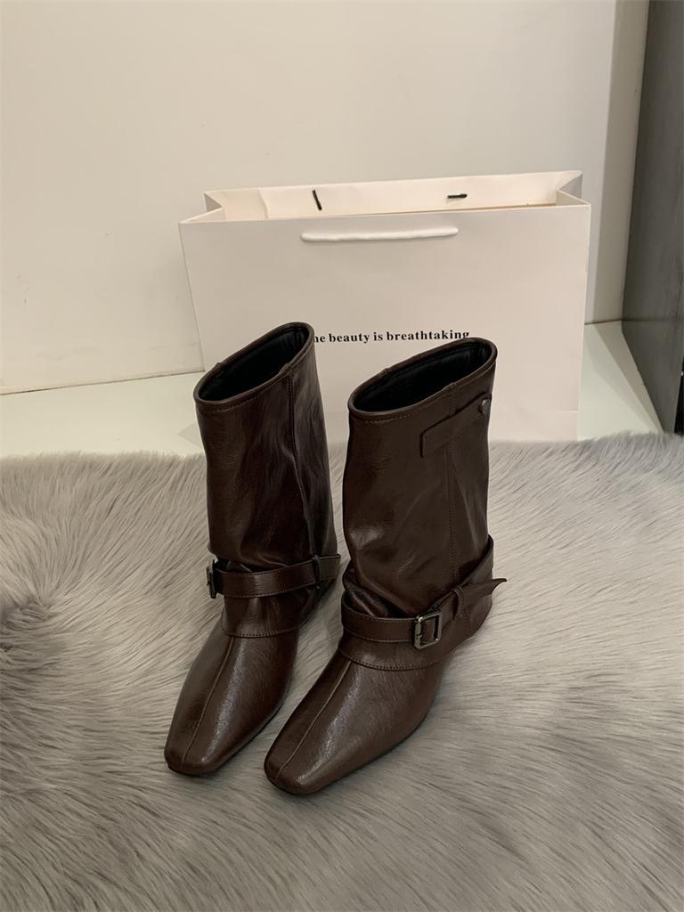 Cowhide~ Autumn and Winter Retro Tube Pants Tube Boots Square Head Short Boots Women's Fashionable Versatile Fashion Boots Sleeve Martin Boots