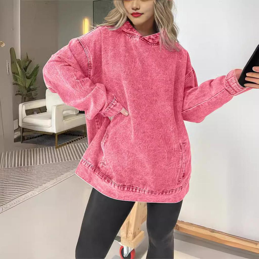 Denim Hoodie Women Sweatshirt Pullover Hooded Y2k Tops Distressed Washed Loose Spring Streetwear
