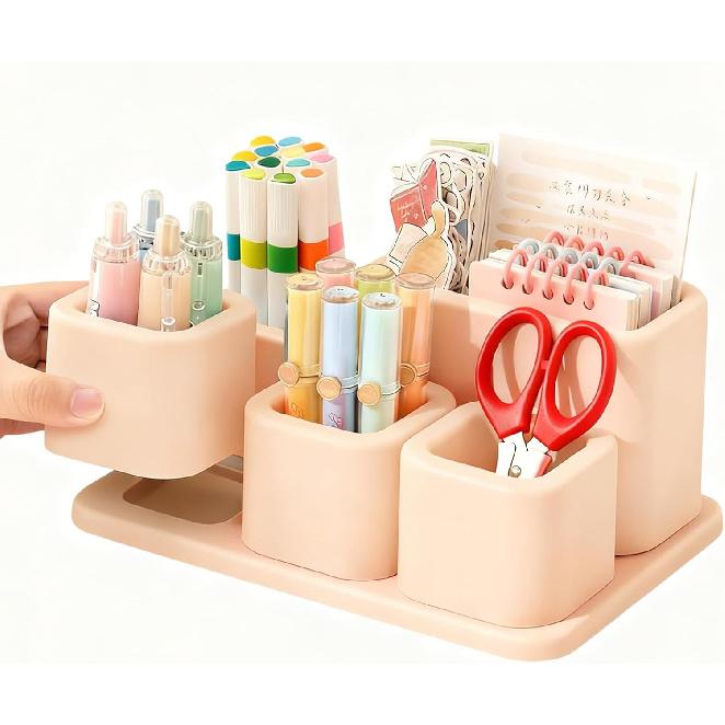 Cute Desk Organizer Countertop – Pen Holder 5 Removable Small Plastic Brush Holder for Bathroom Vanity Desktop, Cosmetic/Skincare/Stationery бежевый