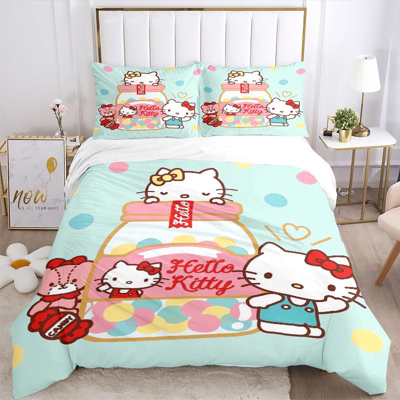 3pcs Hello Kitty Candy Bottle Design Printed Quilt Set - Soft and Comfortable Quilt Cover for Bedroom, Guest Room and Dormitory Decorative B