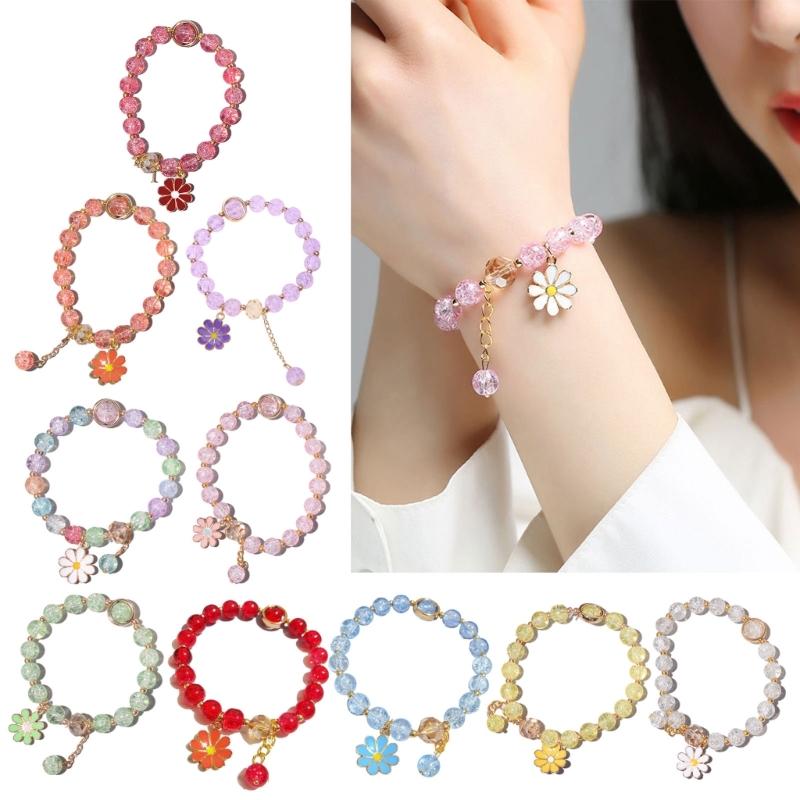 Elegant Crystal Flower Beaded Bracelet for Women Strand Beaded Bracelet Jewelry Strawberry Daisy Flower Wristband Chain