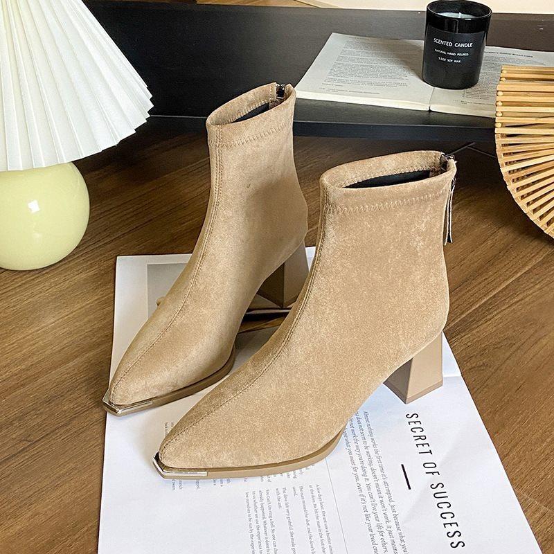 heightening boots autumn and winter French short boots women's thick heel cloth suede small thin boots women's 2025 high heel boots new