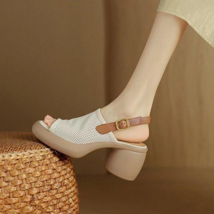 Premium soft leather Roman sandals women's 2025 new summer women's shoes fish mouth platform muffin shoes versatile high heels
