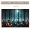 A haunted cemetery with a banner featuring a glowing pumpkin as the background.PMJ