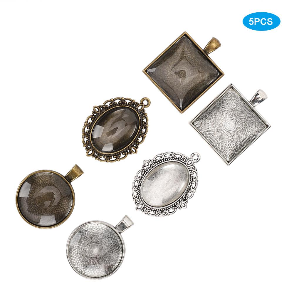 60pcs Metal Round Oval Pendant Base Tray Glass Domes Sheet Jewelry DIY Tool Accessory