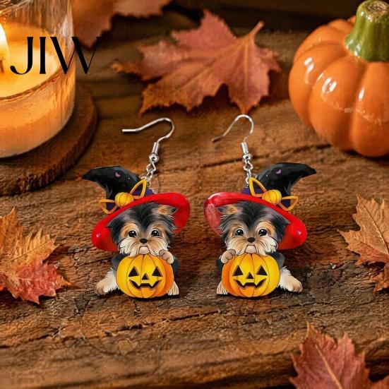 Polished Smooth Edge Jewelry Witch Hat Puppy Earrings, Cute Dog Pumpkin Drop Distinctive Halloween Theme Lightweight Acrylic Jewelry, Accessories for