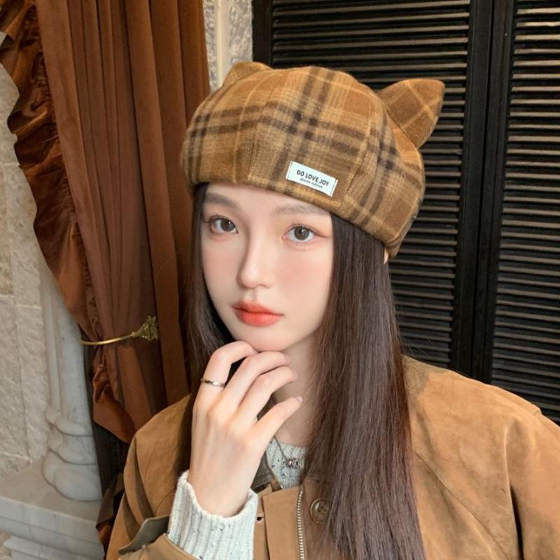 Retro Plaid Beret British Versatile Literary Painter Hat Autumn and Winter Woolen Warm and Cute Cat Ears Octagonal Hat