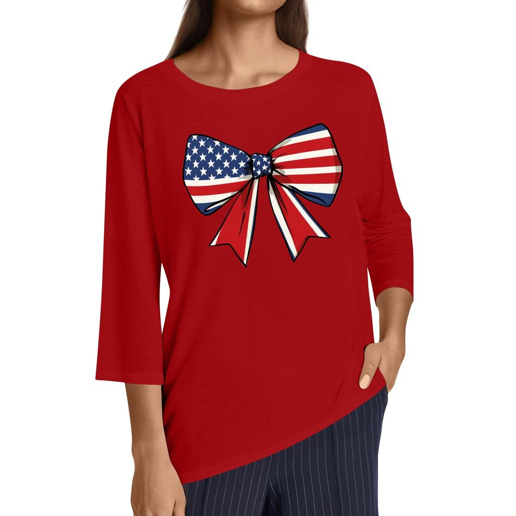 Women's Fashion Casual Round Neck 3/4 Sleeve Loose Independence Day Printed T-Shirt Ladies Top