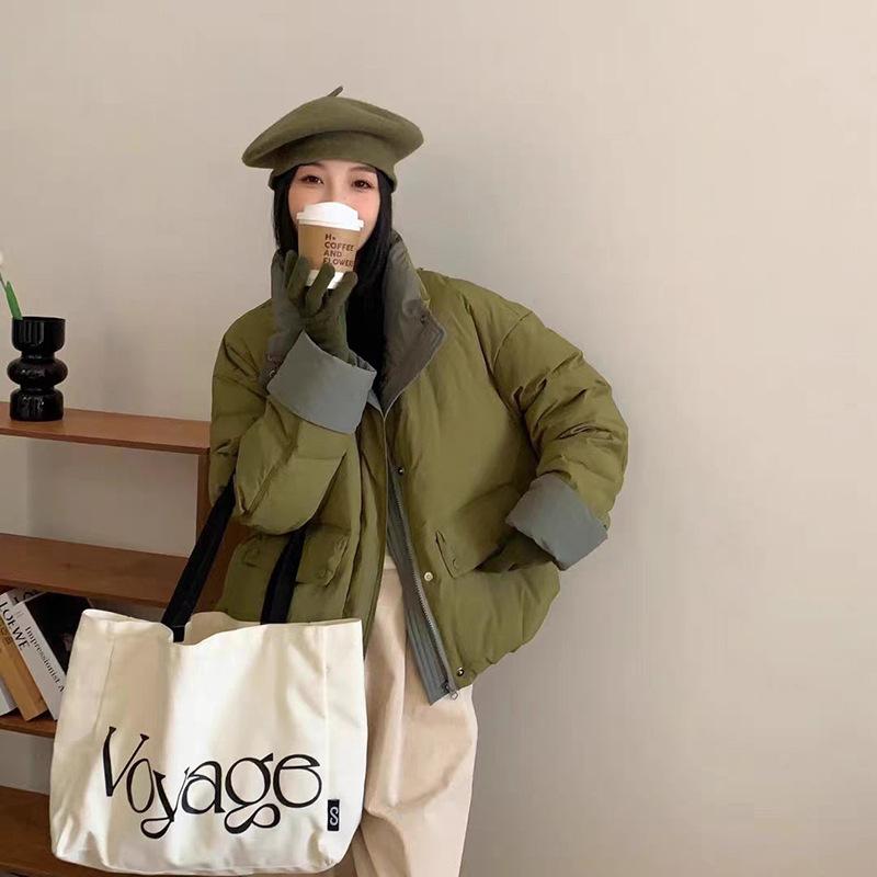 Contrasting color stand-up collar down jacket 2024 winter new loose fashion dopamine thickened warm bread jacket