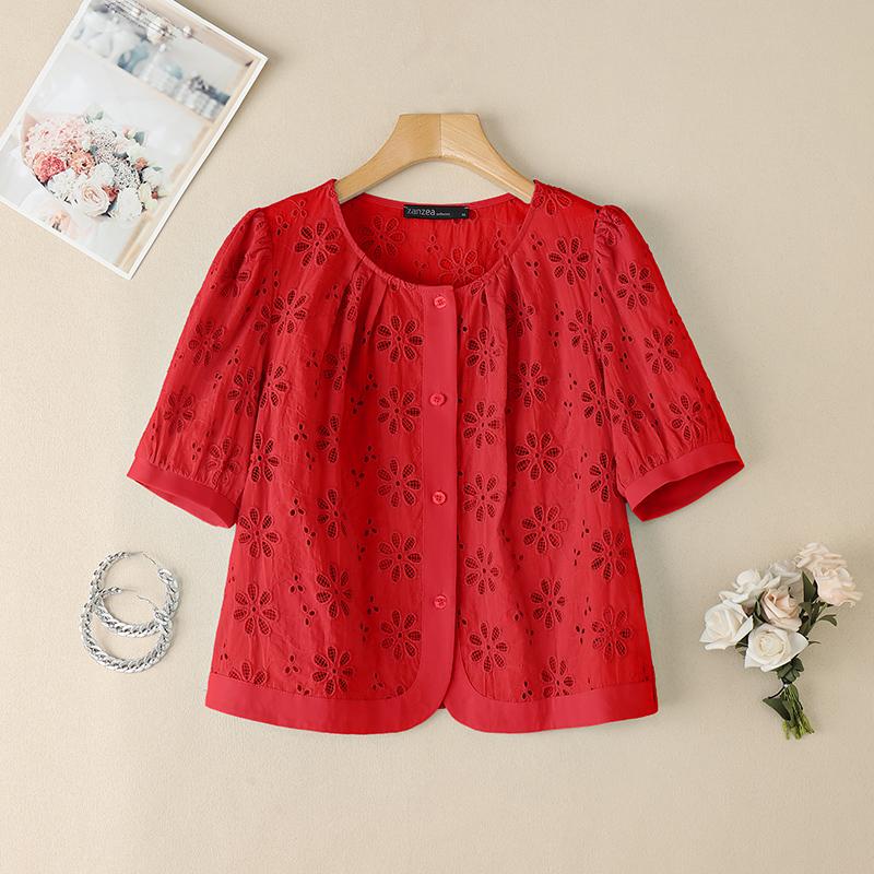 

ZANZEA Женская повседневная блузка с круглым вырезом и короткими рукавами, с полым кружевом и вышивкой 4XL красный