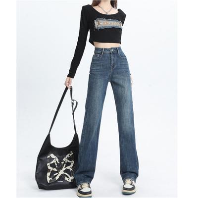 Jeans Feminino Primavera e Outono Slim Cintura Alta Calças Retas Feminino Primavera e Outono Calças de Perna Larga Feminino Primavera
