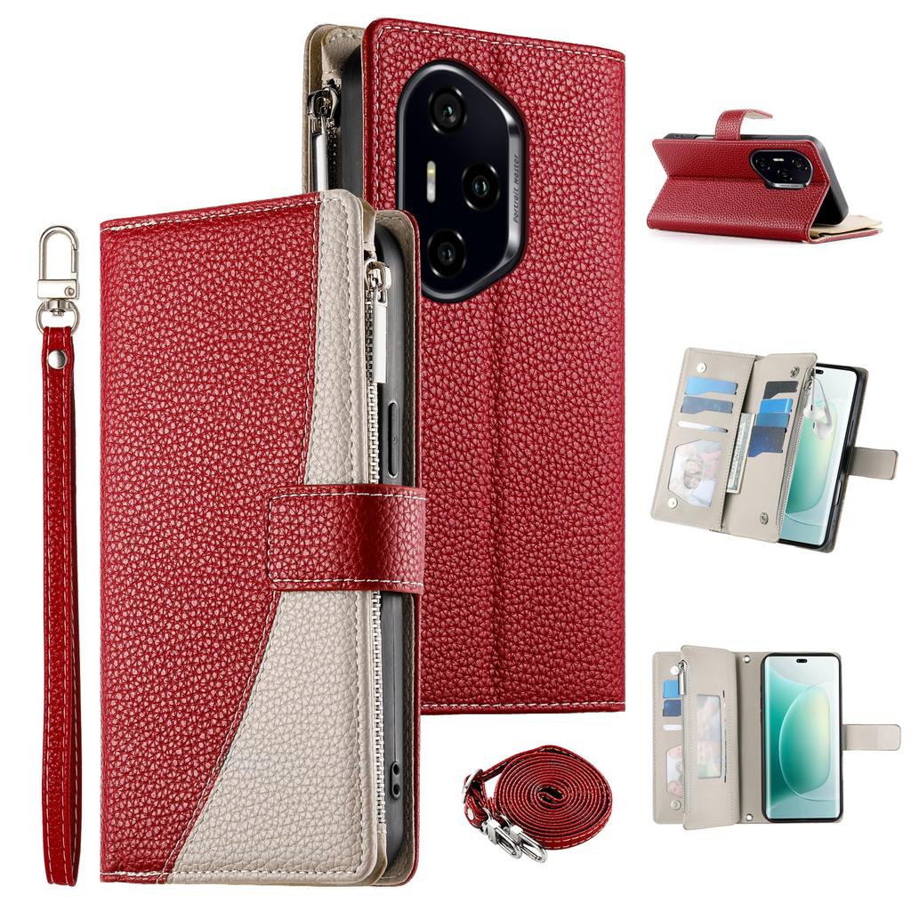 For Honor 300 Pro Case Zipper Wallet Color Splicing Leather Flip Phone Cover with Straps