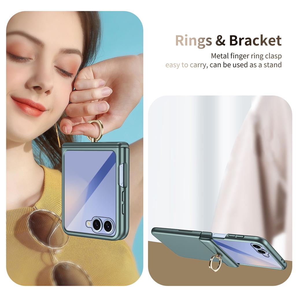 For Samsung Galaxy Z Flip7 5G Case with Tempered Glass Film Ring Holder Kickstand PC Phone Cover