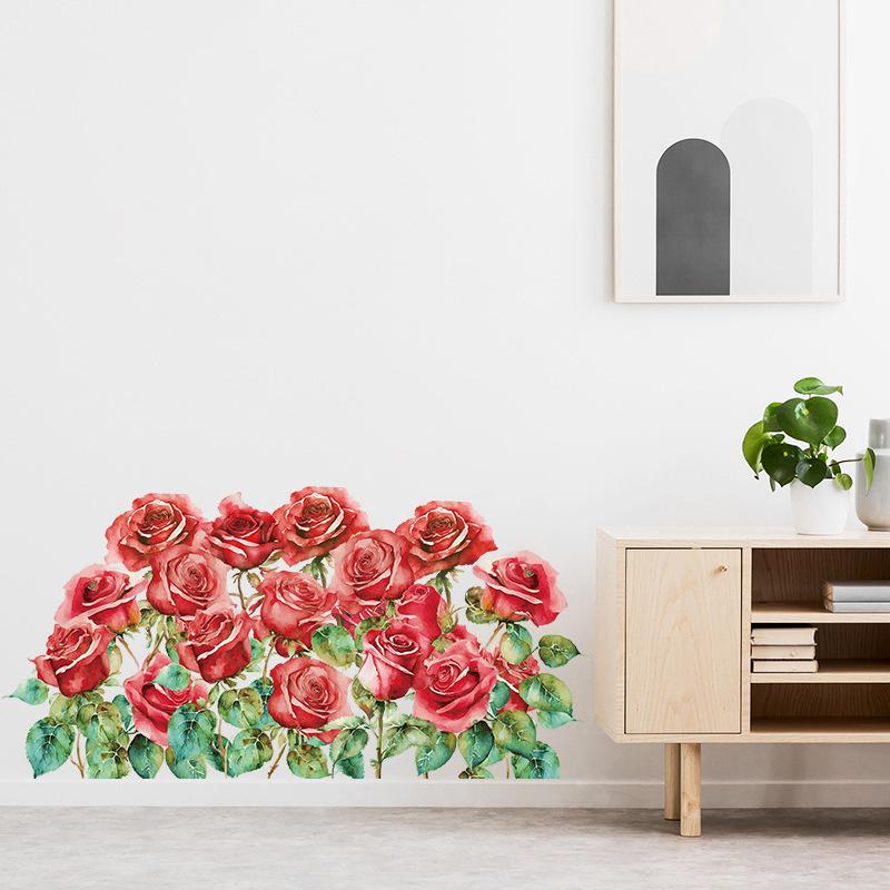 Romantic Red Roses and Green Plants Wall Sticker for Valentine Day Home Decor Bedroom Hallway Entrance