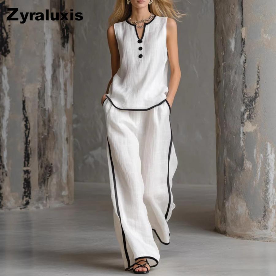 Women s Summer Fashion Color Block Sleeveless Top & Pants Set S белый