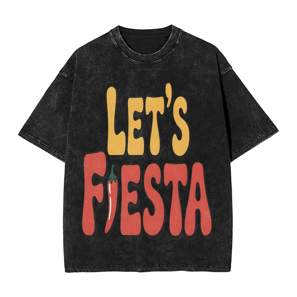 Men Women Tshirt Lets Party Fiesta Washed Tshirts Trendy Cool Summer Tees Y2k Retro Print Cotton Clothing New Arrival