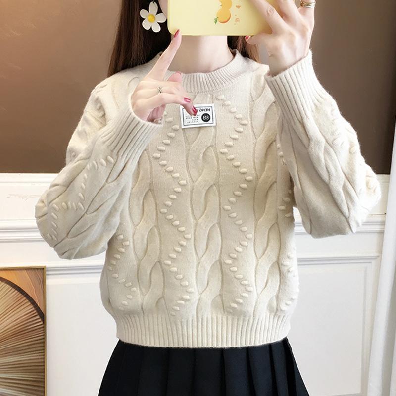 Women's Crew Neck Sweater Autumn and Winter Warm Cable Knit Sweater Loose Thick Knit Pullover Sweater