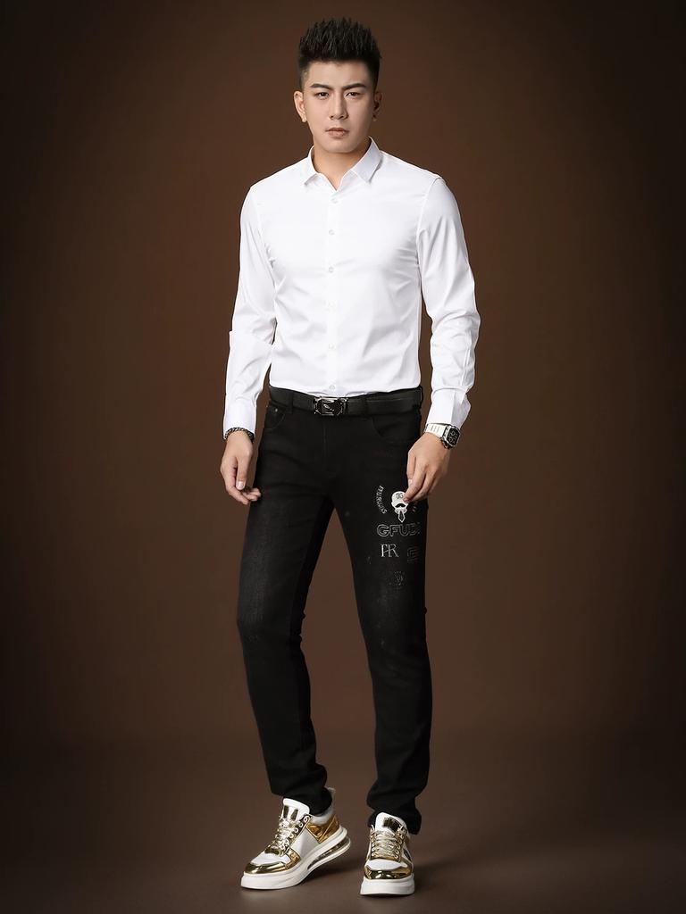 European Style Solid Color Long-Sleeve Shirt, Trendy Men's Fashion Top, Slim-Fit Base Shirt, Casual High-End Shirt