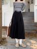 Plus Size High-Waisted Black A-Line Pleated Skirt for Pear-Shaped Petite Women - Mid-Length, Autumn Style