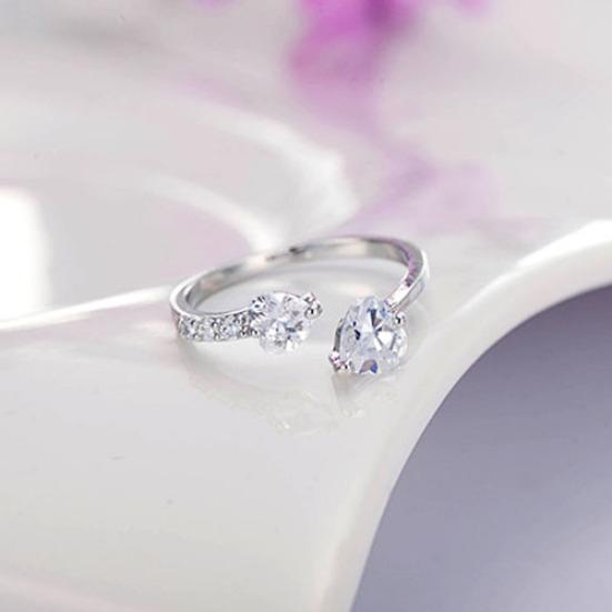 Women's Double Love Heart Open Ring Shiny Zircon Copper Wedding Bridal Jewelry