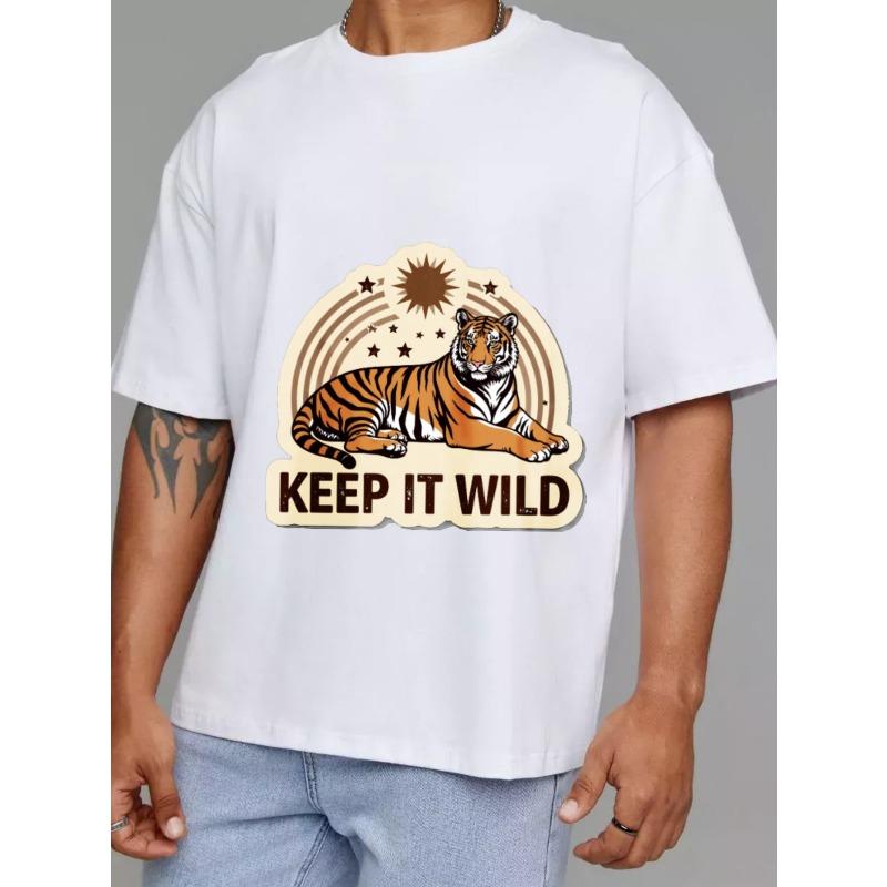 Cotton T Shirt White Tiger and Stars Keep It Wild Print Casual Wear for Men and Women Outdoor Adventure Style