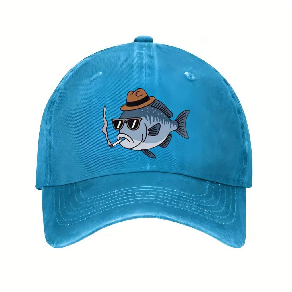 Cool Smoking Fish with Hat and Sunglasses Baseball Cap Funny Animal Print Casual Outdoor Sun Hat Unisex