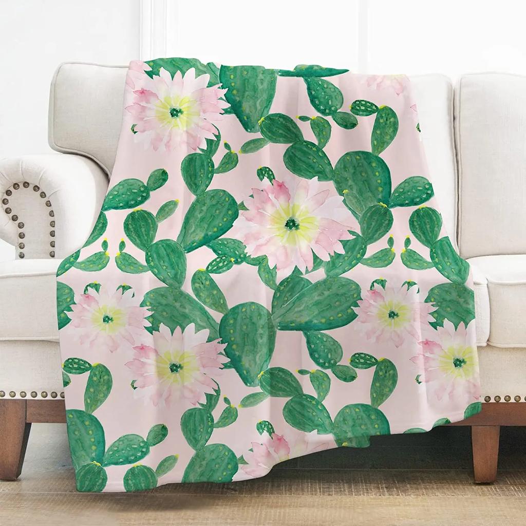 Cactus Flower Summer Flannel Throw Blanket, Colorful Lightweight Flannel Cozy Warm Suit for Couch Gift for Cactus Plant Lover