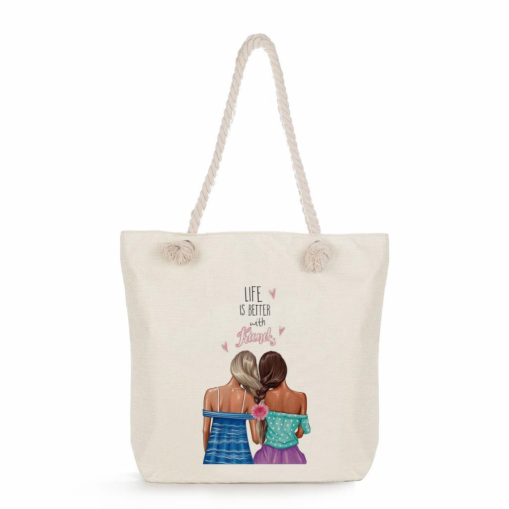 Sisters Print Thick Rope Single-shoulder Beach Bag 7275 CLE