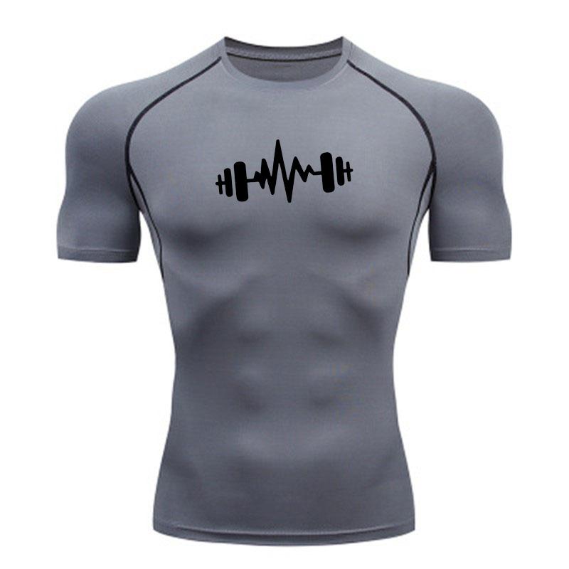 Men's Compression Workout T-Shirt, Dumbbell Heartbeat Printed Quick Dry Breathable Athletic Shirt for Gym Training Runni