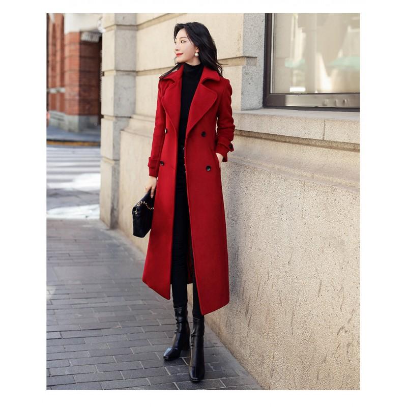 Womens Long Wool Blend Coat Thick Winter Overcoat Slim Fit Double Breasted Trench Style