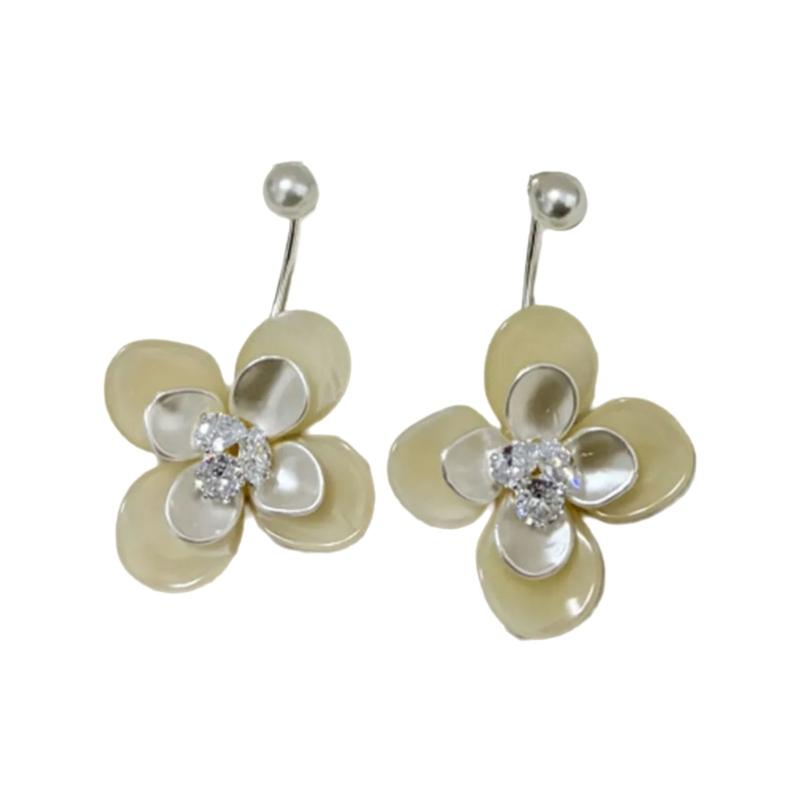 Pair Of Double Layer Flower Acrylic Earrings With Zircon Stones And Silver Posts