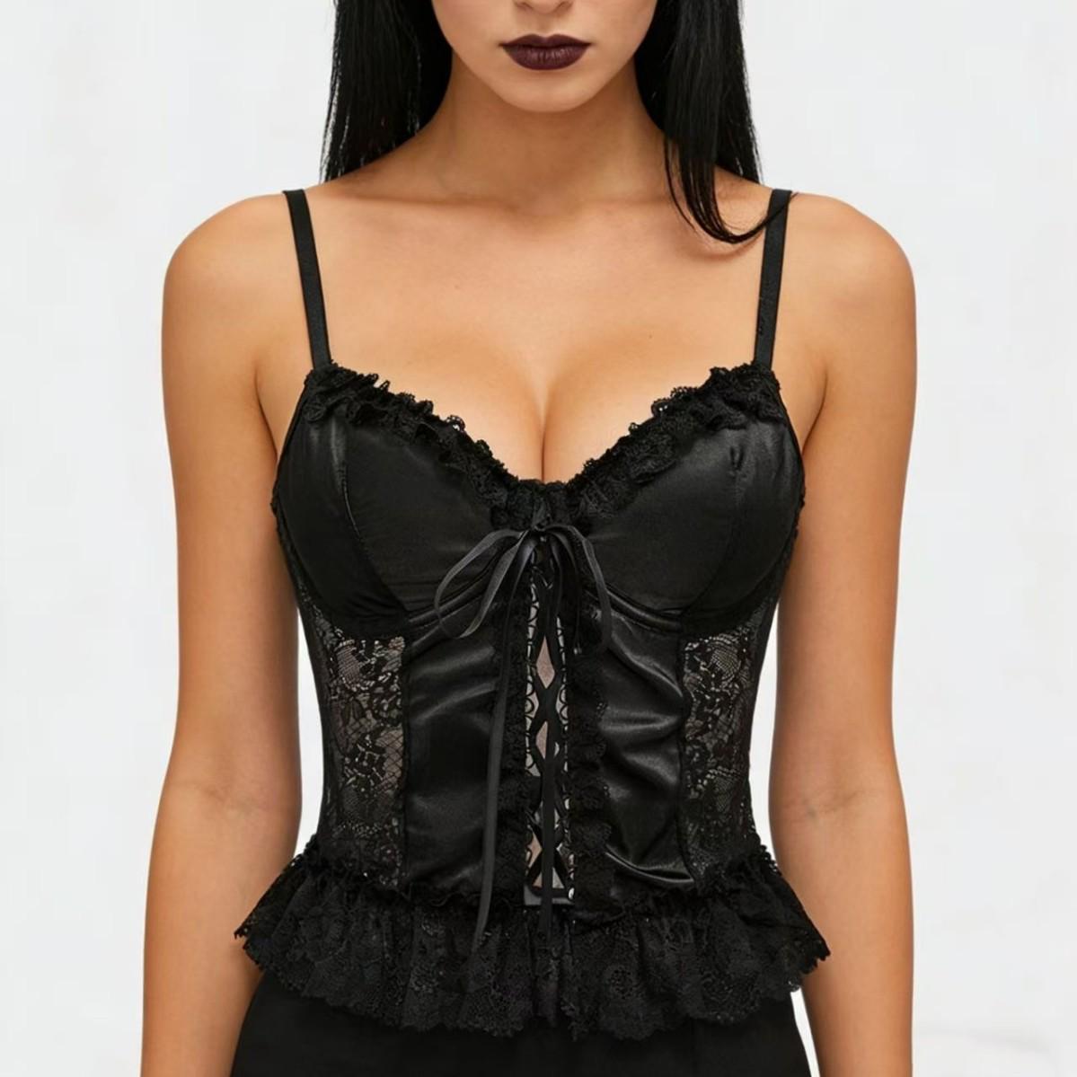 Готический Атласный Кружевной Топ-Бюстье Камисоль L чёрный