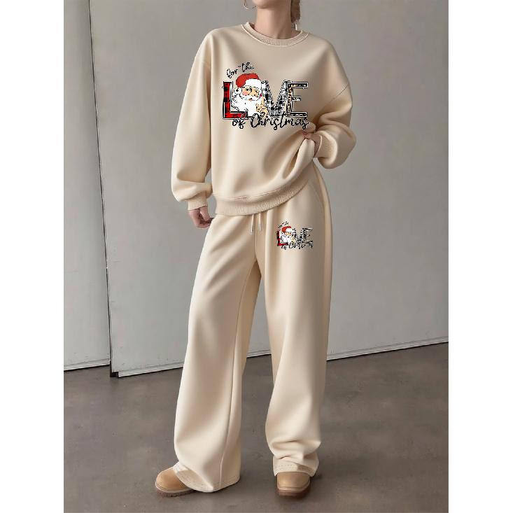 Women's Crewneck Sweatshirt & Drawstring Straight-Leg Pants Set, Christmas Print Loungewear, Loose Comfortable Holiday Casual 2-Piece Outfit