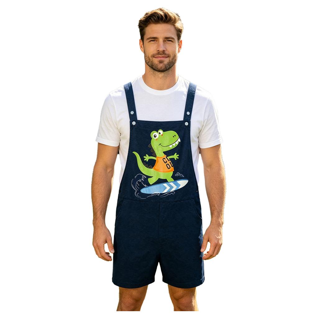 S-XXL Tuta Pigiama da Uomo con Stampa Dinosauro Cartone Animato Colore a Blocchi Posteriore Tasche Spallacci Regolabili Shorts a Salopette Tuta Pigiami