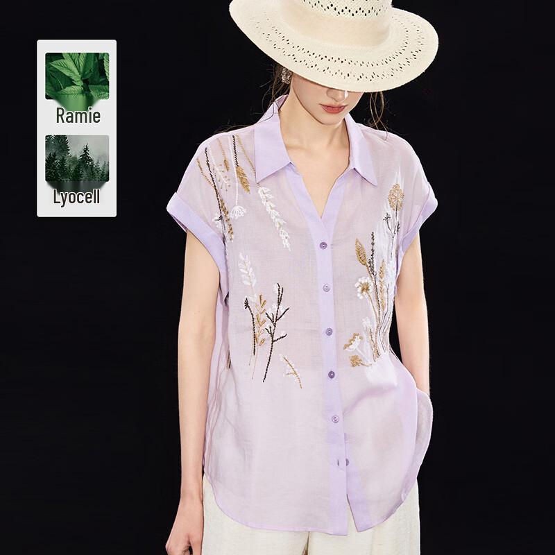 Women s French Floral Embroidered Tencel-Ramie Sleeveless Blouse L