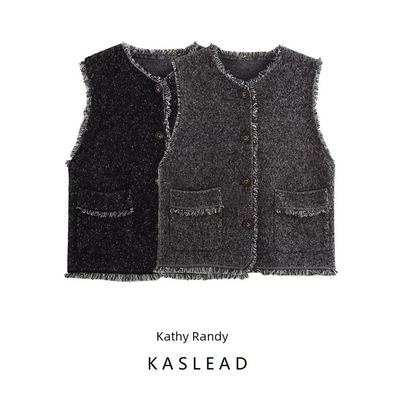 Kaslead New Women clothes Western Style Tassel Sesame Dots Single Breasted Pocket Sweater vest Vest