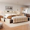 Smart Fabric Bed with RGB Music Sync Lights Charging Station AC USB Type C Ports 4 Storage Drawers Beige Grey Queen Size