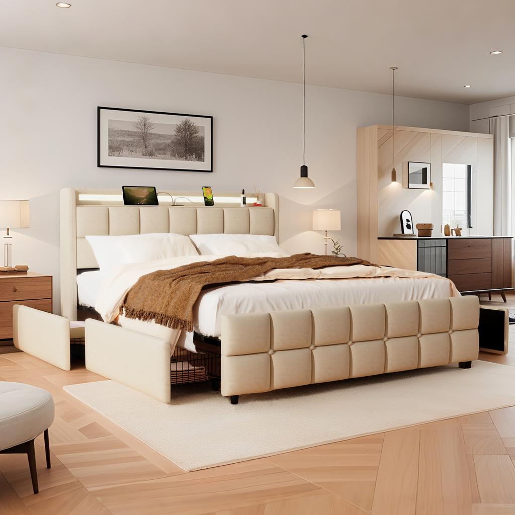 Smart Fabric Bed with RGB Music Sync Lights Charging Station AC USB Type C Ports 4 Storage Drawers Beige Grey Queen Size