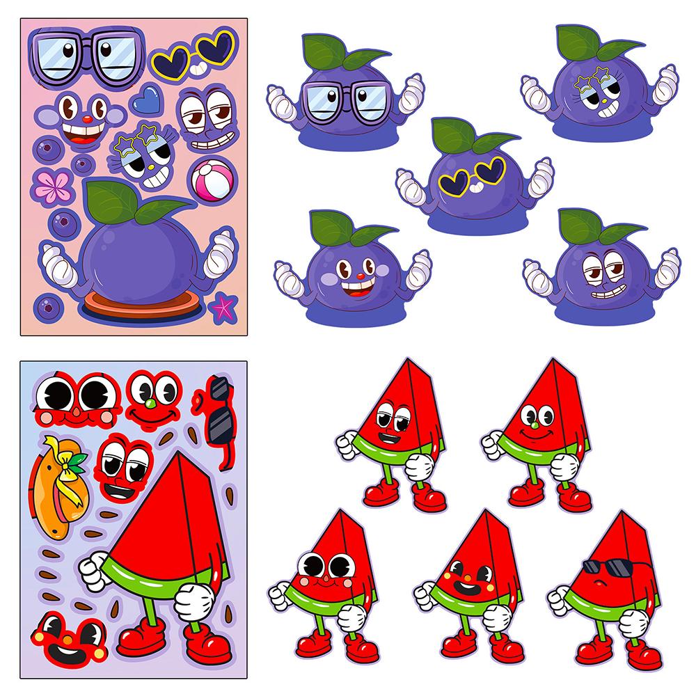 6/12Sheets Cartoon Fruit Summer Colorful Make A Face Puzzle Stickers PVC Material Children’s Daily Toys Waterproof Toy Stickers.