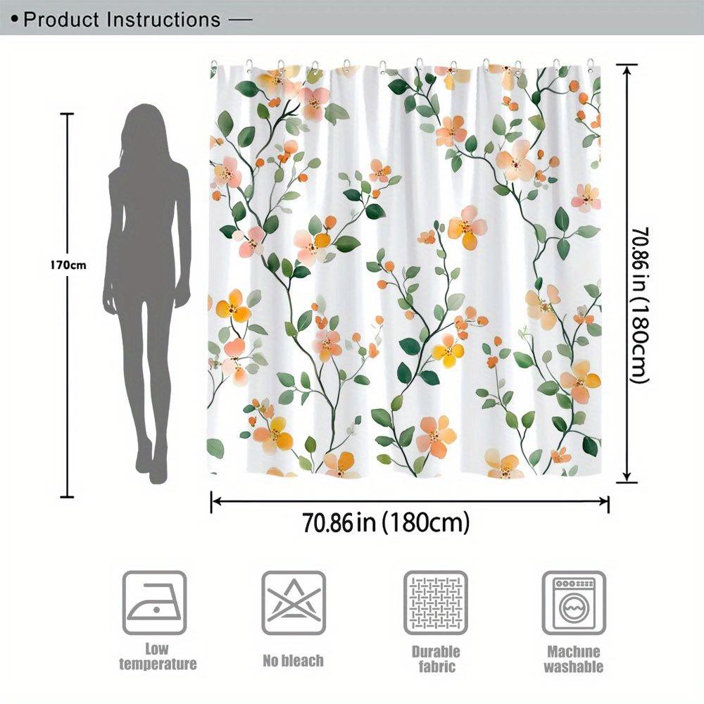 1 Delicate Orange And Peach Floral Shower Curtain, Soft Watercolor Design, With Hooks, Polyester Fabric, Machine Washable