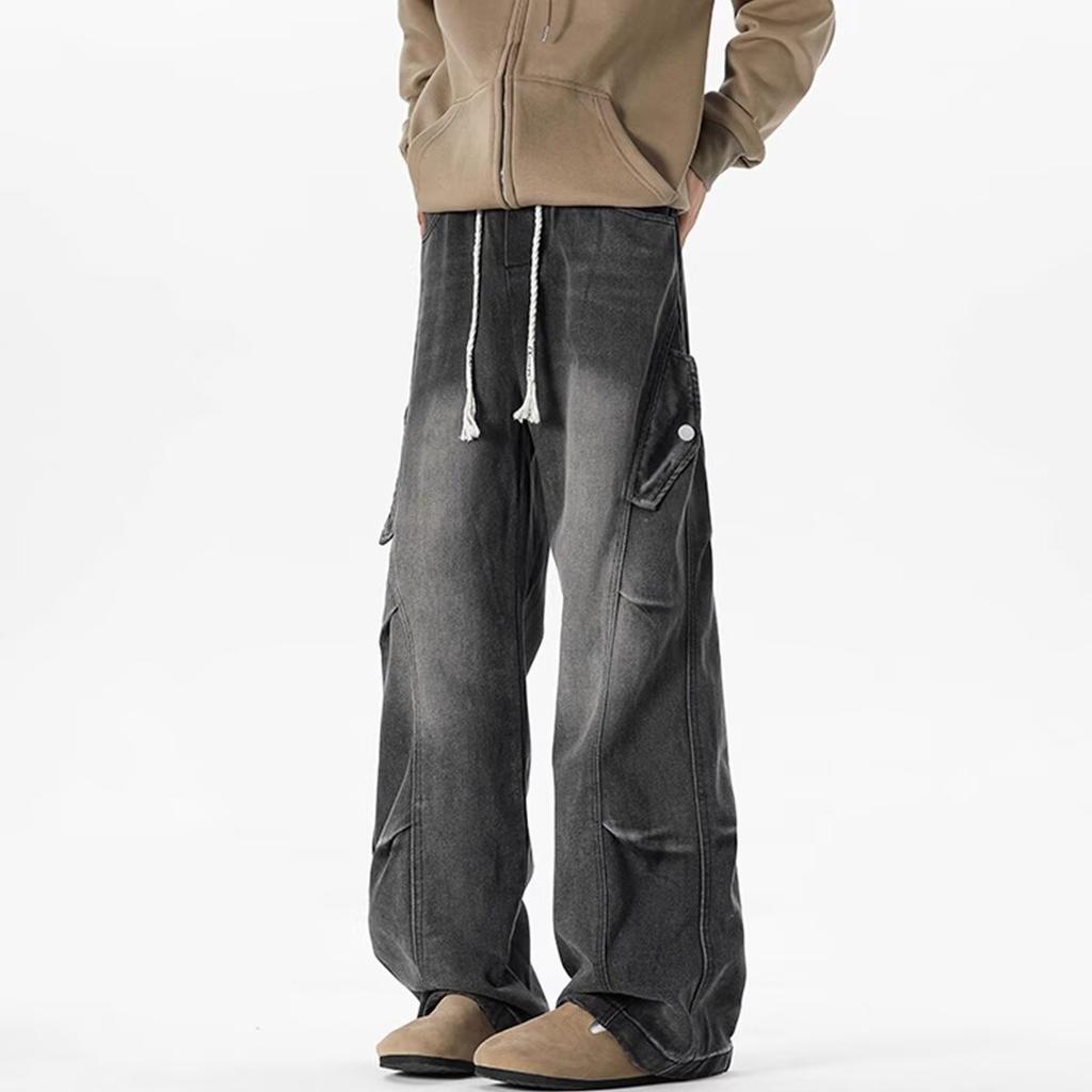 American Yellow Mud Dyed Jeans Men's Autumn Trendy Brand Vibe Wide-leg Pants Old Straight Trousers Scimitar Slightly Pulled Trousers