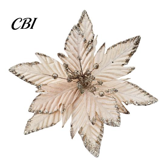 Velvet Poinsettia Decorations Artificial Flowers, Handmade Bead Cluster Christmas with Gold Glitter Fabric Decorative Flower Picks Petals, Reusable