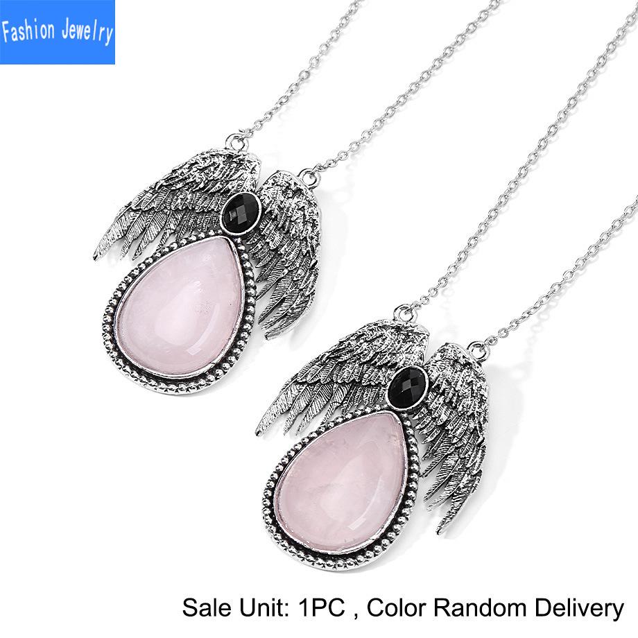 European and American Trendy Personalized Angel Wings Natural Crystal Stone Drop-shaped Pendant Necklace Jewelry