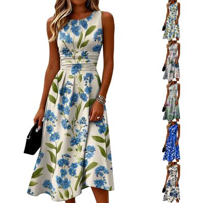 Sleeveless Casual Midi Dress for Women Round Neck Floral Print A-Line Summer Dress Lightweight Comfortable Fit