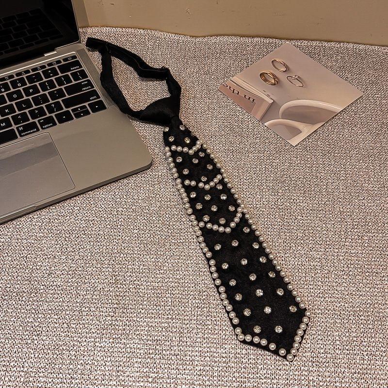 Pre Tied Black Fashion Neckties With Faux Pearl Rhinestone Decor Perfect For Party Wedding Daily Wear Special Events